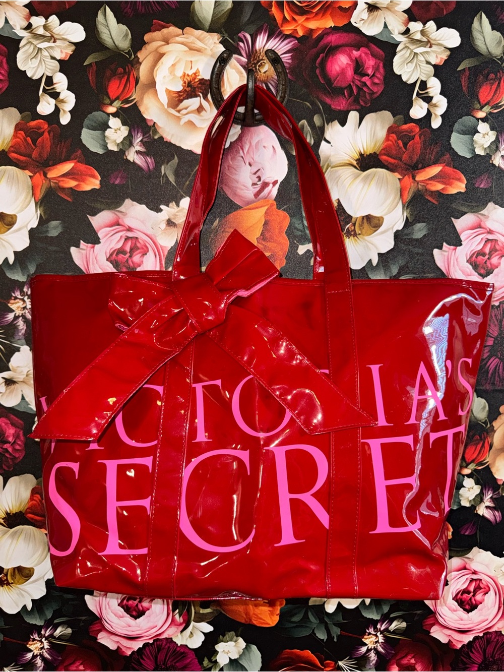 Victoria's Secret Red Patent Tote with Pink Logo and Bow, Rare, Limited Edition